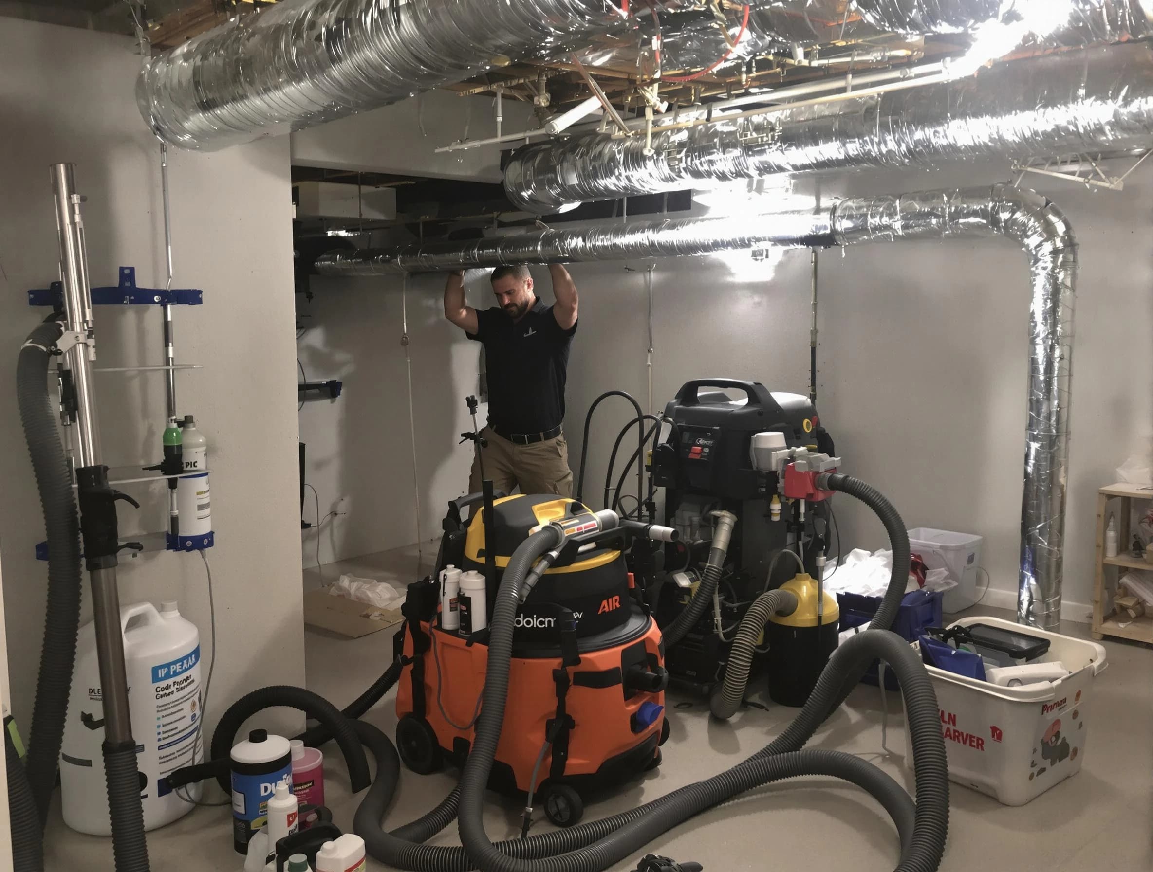 Wilkinsburg Air Duct Cleaning specialist performing professional mold removal from air ducts using safety equipment in Wilkinsburg